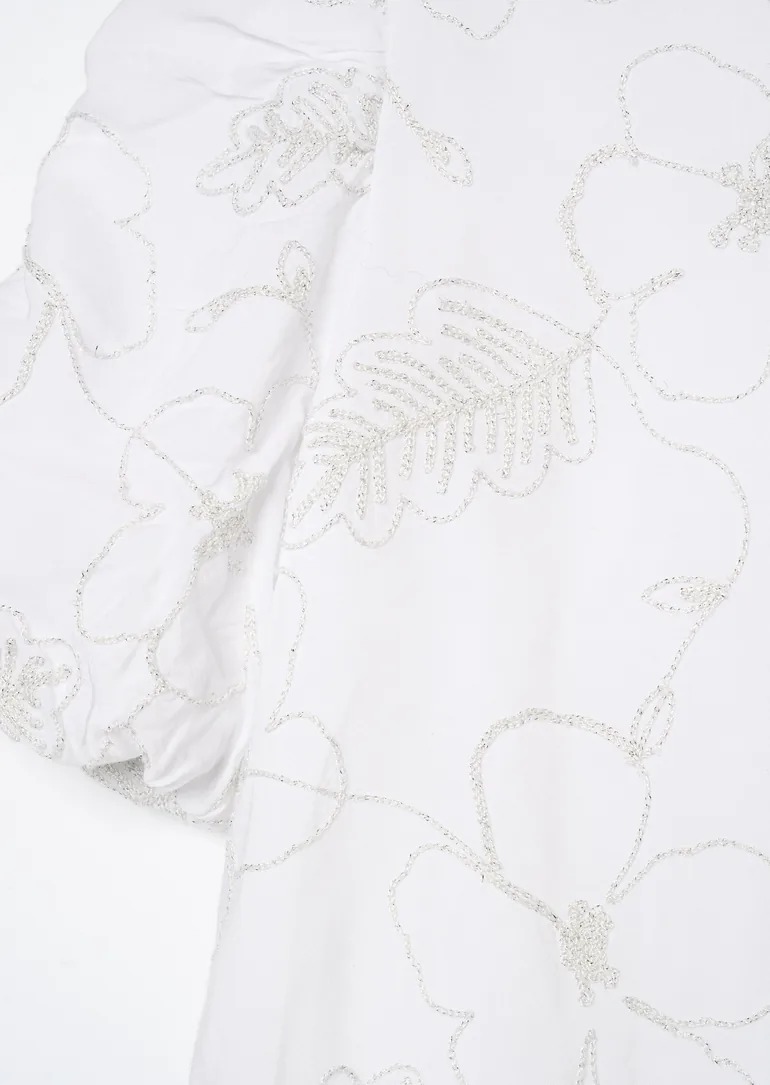 Dalhia Floral Embroidered Tie Waist Puff Sleeve Top - White - 5