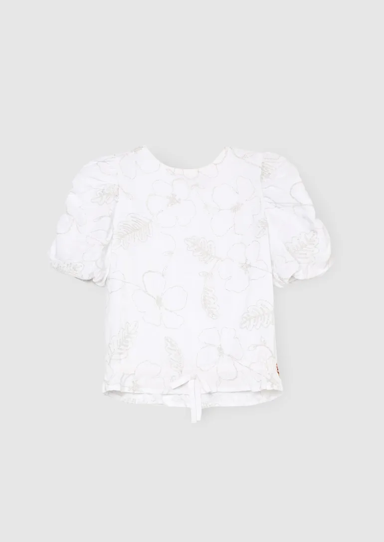 Dalhia Floral Embroidered Tie Waist Puff Sleeve Top - White - 3