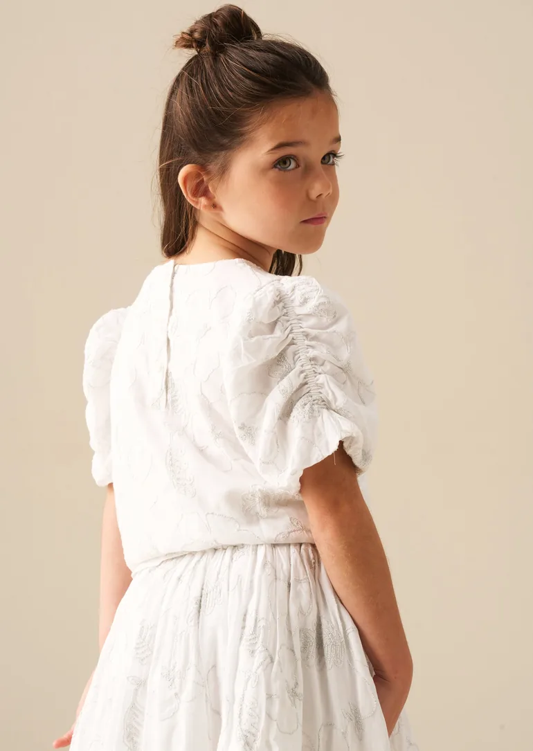 Dalhia Floral Embroidered Tie Waist Puff Sleeve Top - White - 2