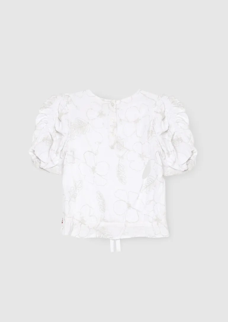 Dalhia Floral Embroidered Tie Waist Puff Sleeve Top - White - 4