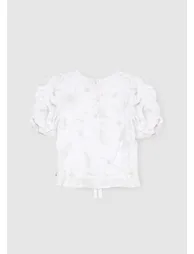 Dalhia Floral Embroidered Tie Waist Puff Sleeve Top - White - 4