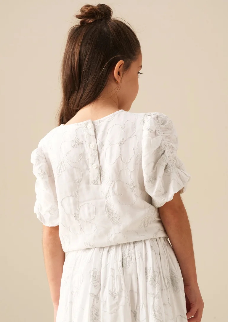 Dalhia Floral Embroidered Tie Waist Puff Sleeve Top - White - 1