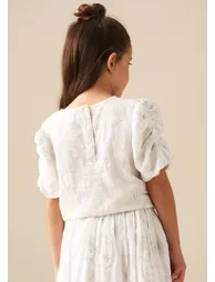 Dalhia Floral Embroidered Tie Waist Puff Sleeve Top - White - 1