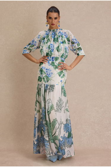 Chiffon Botanical Print Frill Maxi Dress