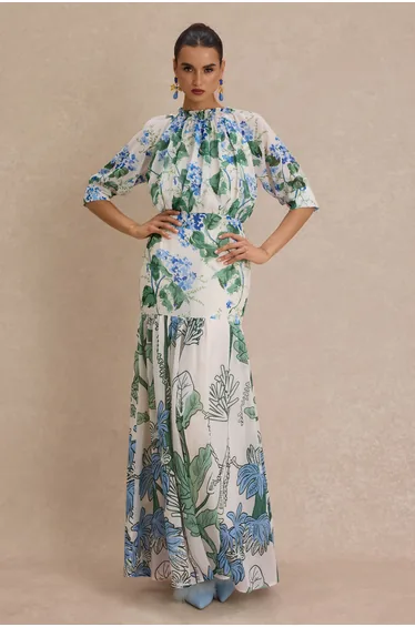 Chiffon Botanical Print Frill Maxi Dress