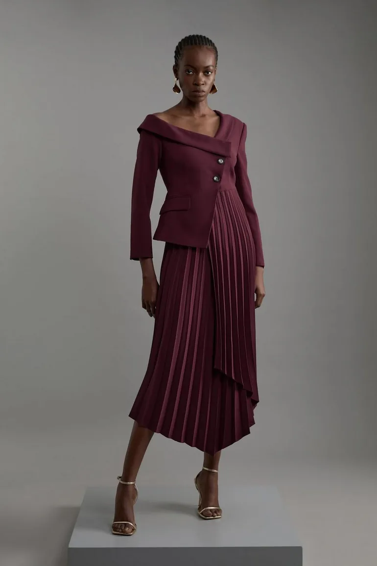 navy blue dress for baby girl Shop Tailored Crepe Asymmetric Pleated Midi Dress Online in Bahrain main image 0