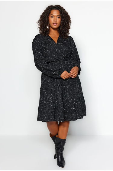 Black Plus A-Line Mini Skater Dress with Long Sleeve