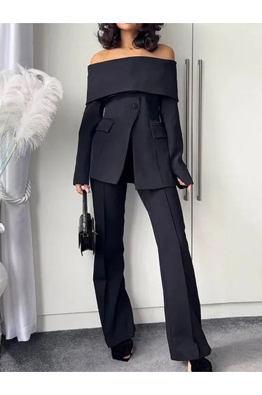 Long Sleeves Solid Color Split-Front Split-Joint Off-The-Shoulder Blazer