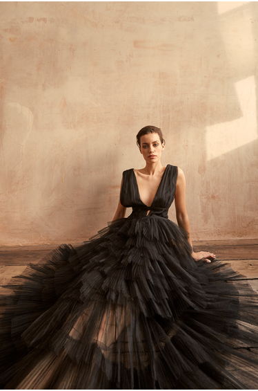 Eliza Black Plunge Front Tulle Layered Maxi Dress