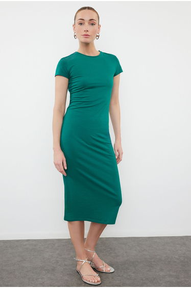 Emerald Green Short Sleeve Fitted Cotton Stretchy Midi Knitted Dress
