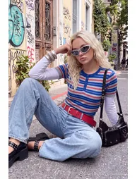 Ecru Double Sleeve Detailed Striped Knitwear Sweater - 3