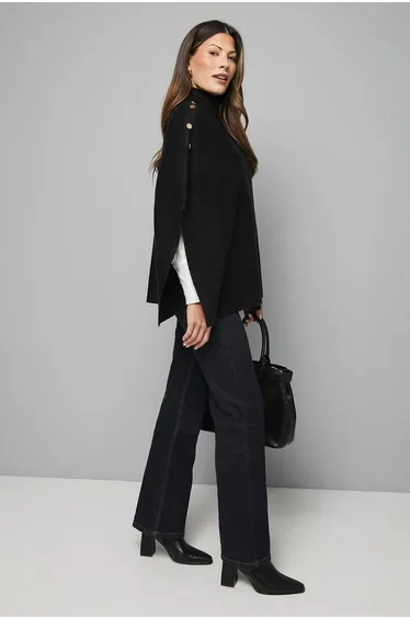 Button Detail High Neck Knitted Poncho Jumper