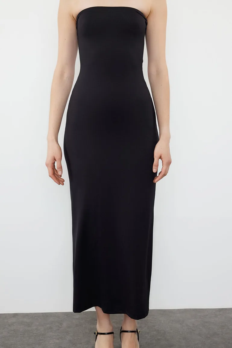 Shop Black Plain Polyamide Strapless Fitted Flexible Maxi Pencil Dress  Online in Oman