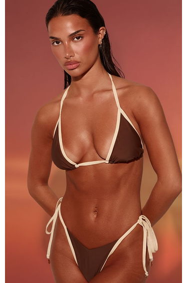 Chocolate Contrast Disc Trim Ruched Bum Thong Bikini Bottoms