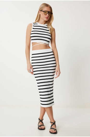 Women's White Striped Summer Blouse Skirt Knitwear Suit Cr00500