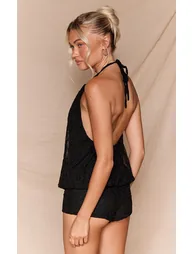 Black Lace Halter Neck Puffball Top Co-ord - 2