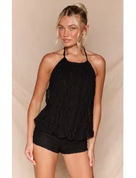 Black Lace Halter Neck Puffball Top Co-ord - 1