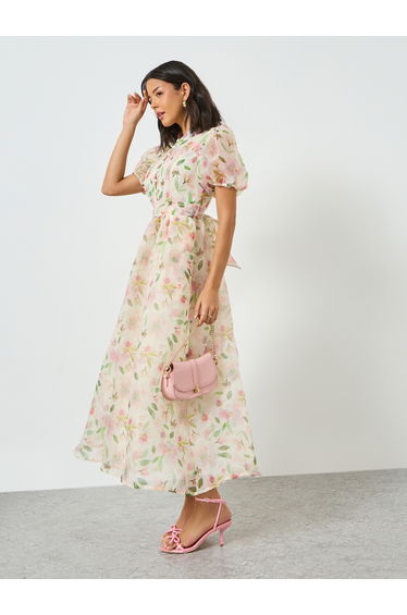 Cream Floral Puff Sleeves Maxi Dress with Tie-Belt