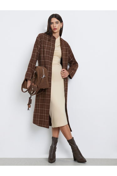 Brown Checked Print Wool Look Coat