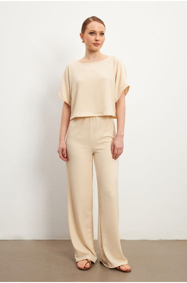 Women's Beige Short Sleeve Crinkle Pants Set