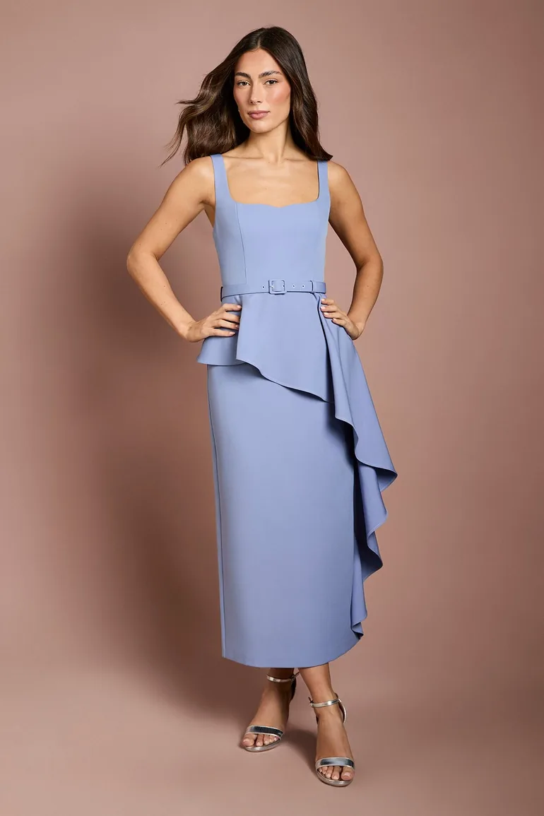 Crepe Belted Ruffle Skirt Pencil Dress