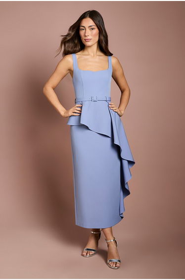 Crepe Belted Ruffle Skirt Pencil Dress