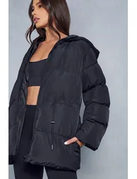 Recycled Cinched Waist Hooded Puffer jacket