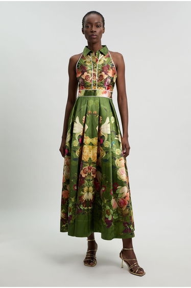 Floral Twill Collared Maxi Dress