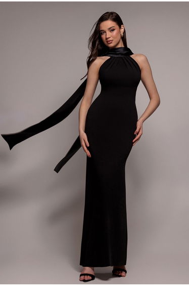 Satin Multi-Tie Halterneck Maxi Dress - Black by Goddiva