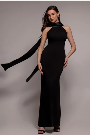 Satin Multi-Tie Halterneck Maxi Dress - Black by Goddiva