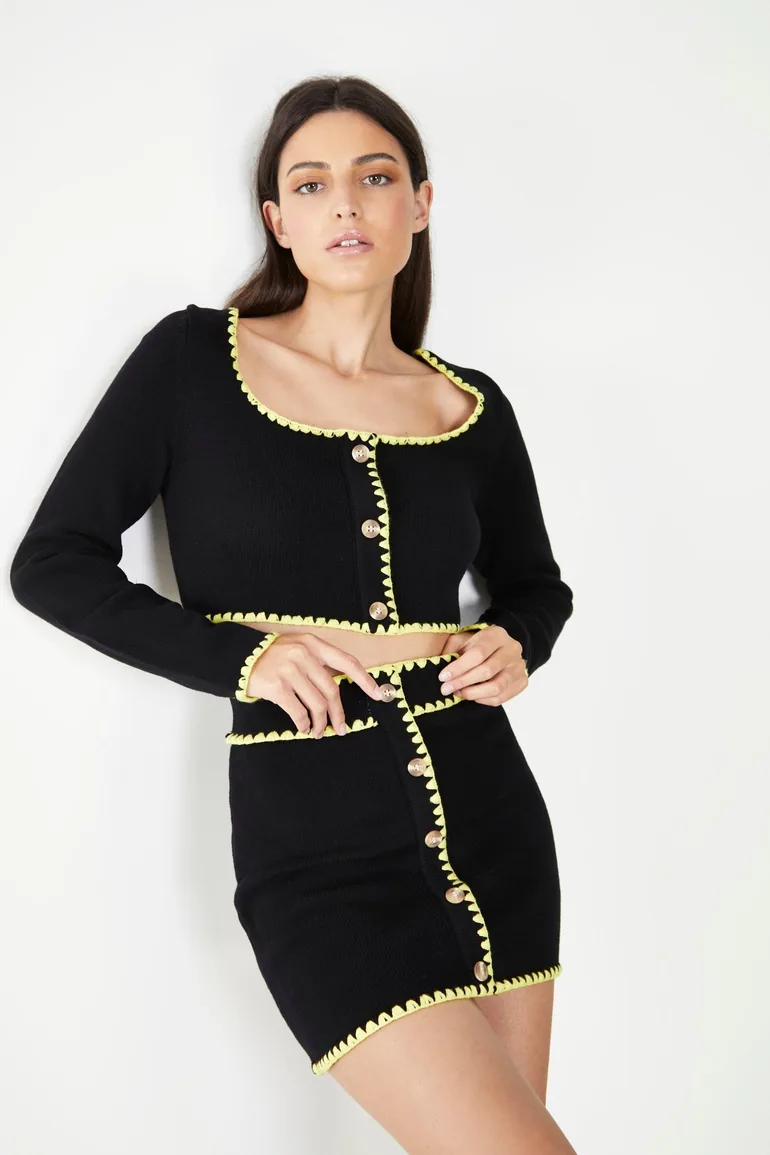 Glamorous Care Black Button Up Cardigan with Yellow Scalloped Trim - 1