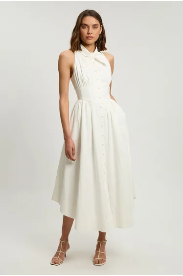 Cotton Poplin Tie Neck Midi Dress