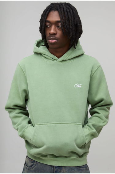 Washed Green Relaxed Floral Japan Print Hoodie - green