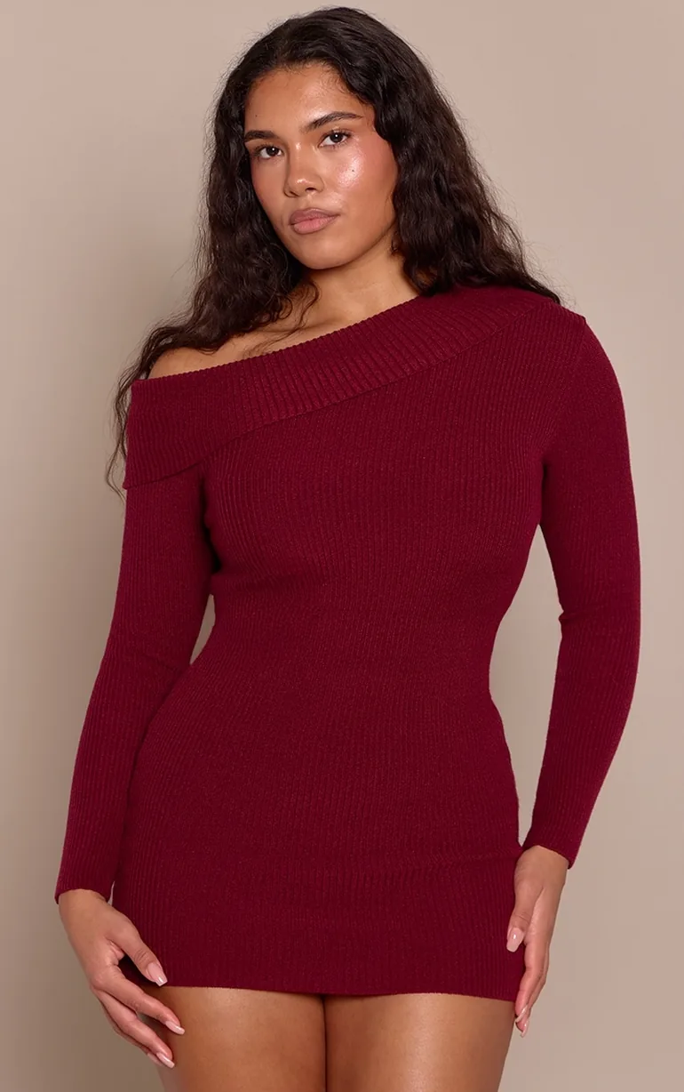 plt red bodycon dress PrettyLittleThing Women's PLT Label Croc Faux Leather Ruched Asymmetrical Bodycon Dress in Burgundy