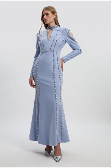 Petite Crystal Embellished Woven Plunge Maxi Dress