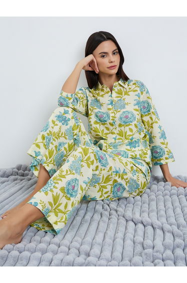 Floral Longline Cotton Shirt and Wide Leg Pyjama Set