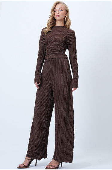 Women's Brown Crew Neck Pleated Waist Blouse and Trouser Set