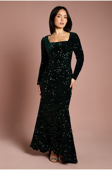 Petite Square Neck Velvet Sequin Long Sleeve Maxi Dress