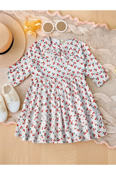 Cherry Print Gathered Cotton Dress with Bow Detail