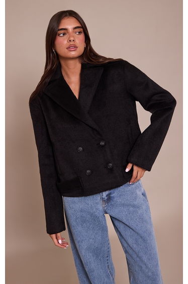 Black Brushed Wool Cropped Trench Coat