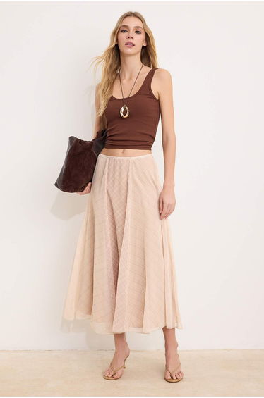 Beige Plaid Lined Chiffon Wrinkle Effect Maxi Asymmetric Skirt