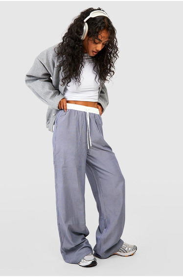 Contrast Waistband Striped Wide Leg Trousers - navy