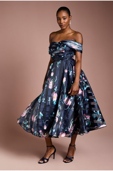 Stripe Organza Pleat Top Midi Dress