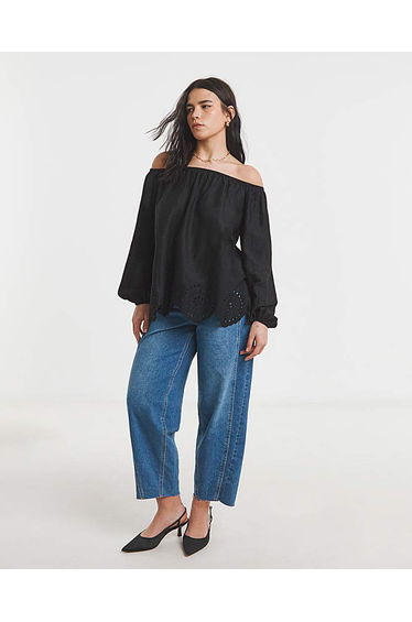 Black Cutwork Linen Blend Bardot