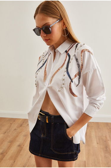 Women's Juicy White Palm Tree Detailed Woven Shirt