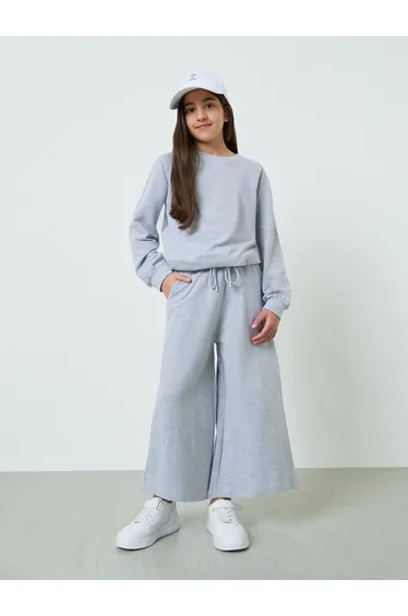Teen Girls Grey Cotton Wide Leg Cropped Joggers