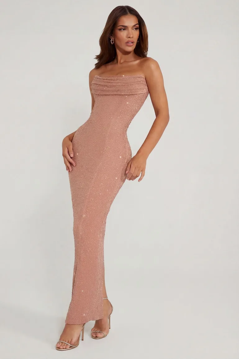 embellished bandeau cowl neck maxi dress in beige PALERMO, Embellished Bandeau Cowl Neck Maxi Dress in
