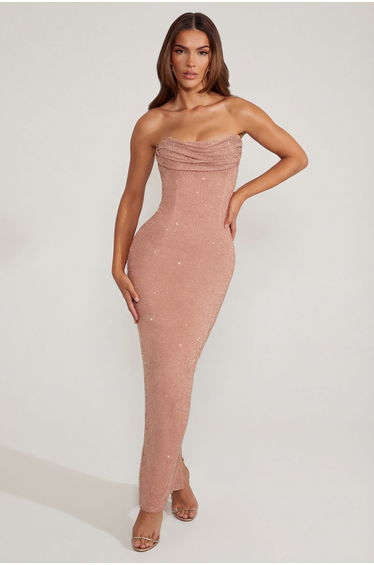 Embellished Bandeau Cowl Neck Maxi Dress in Beige