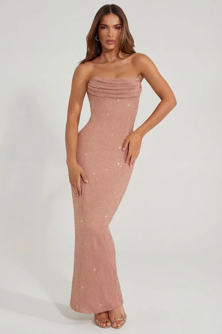 embellished bandeau cowl neck maxi dress in blush Midi Dress Blush Pink Dress Long Embellished Bandeau Cowl Neck Maxi Dress In Blush