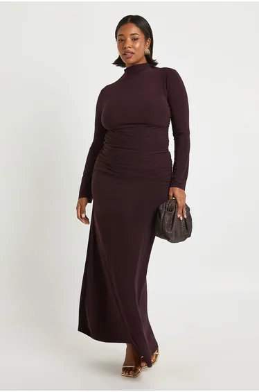 Plus Ruched Long Sleeve Top and Ruched Column Skirt - chocolate